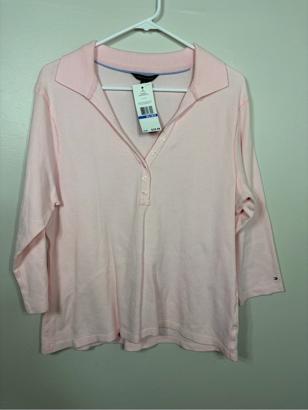 Tommy Hilfiger Pink Waffle Knit Polo Shirt 3/4 Sleeve XL NWT Preppy Casual